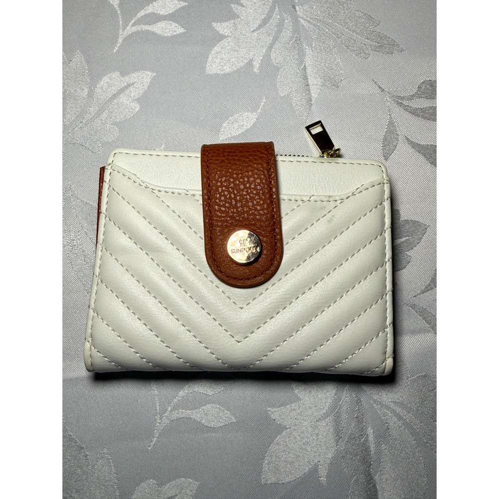Sunpour Cream Cognac Quilted Chevron Bifold Wallet Gold Hardware ID Window
